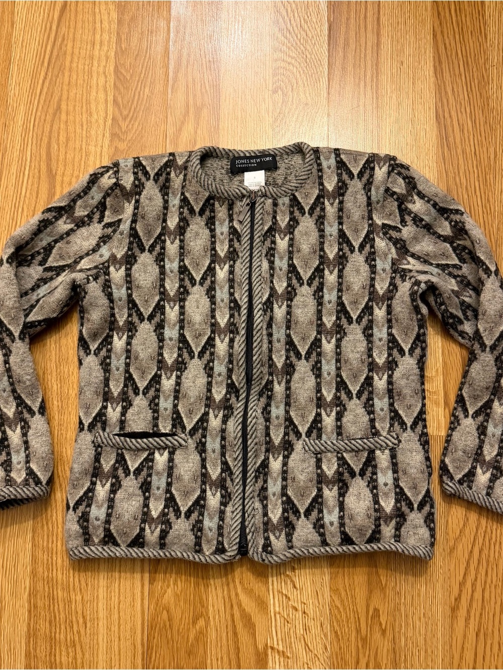 Jones New York 100% Merino Wool Cardigan Geometric Knit Jacket Women Small